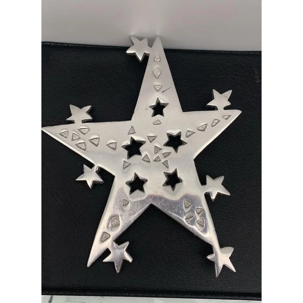 Vintage Handmade Artisan Large Silver Tone Celestial Star Brooch